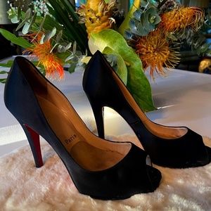 Christian Louboutin Black Satin Peep Toe Heels Size 37